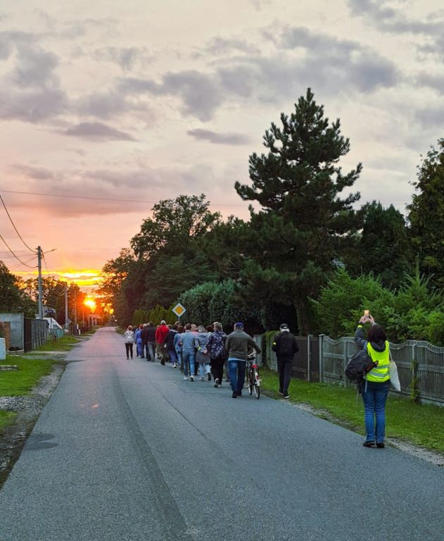 Grupa uczestników spaceru idzie poboczem ulicy Brzeziny na tle zachodzącego słońca