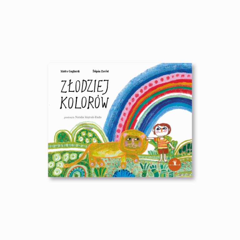 Okładka książki "Złodziej kolor&oacute;w" przedstawiająca chłopca z lwem na łące na tle tęczy